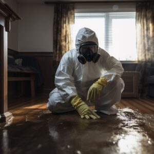 A person in a hazmat suit kneeling on the floor, possibly in a hazardous environment.
